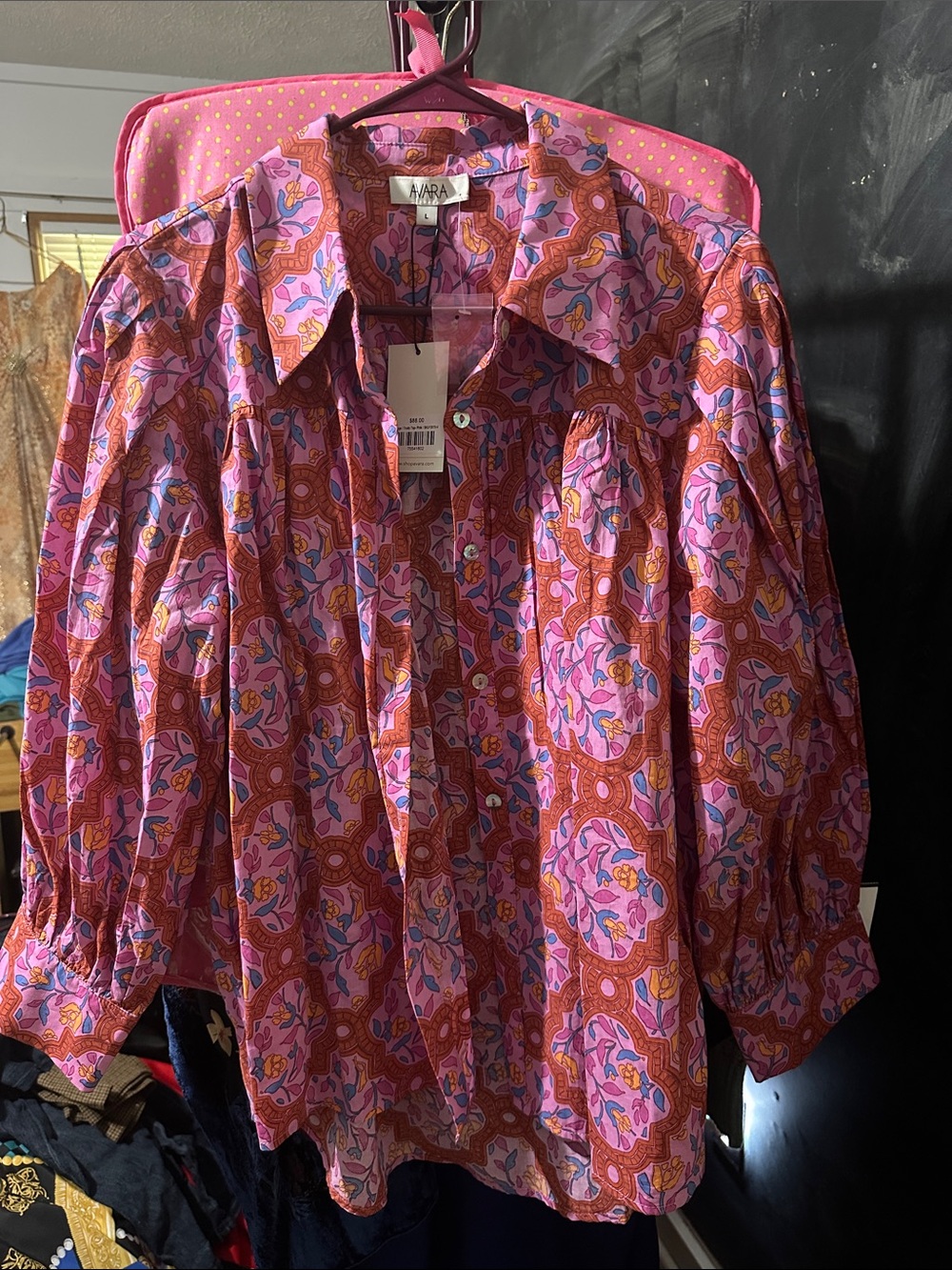 Avara Pink Floral-Print Button Front Boho Blouse NWT